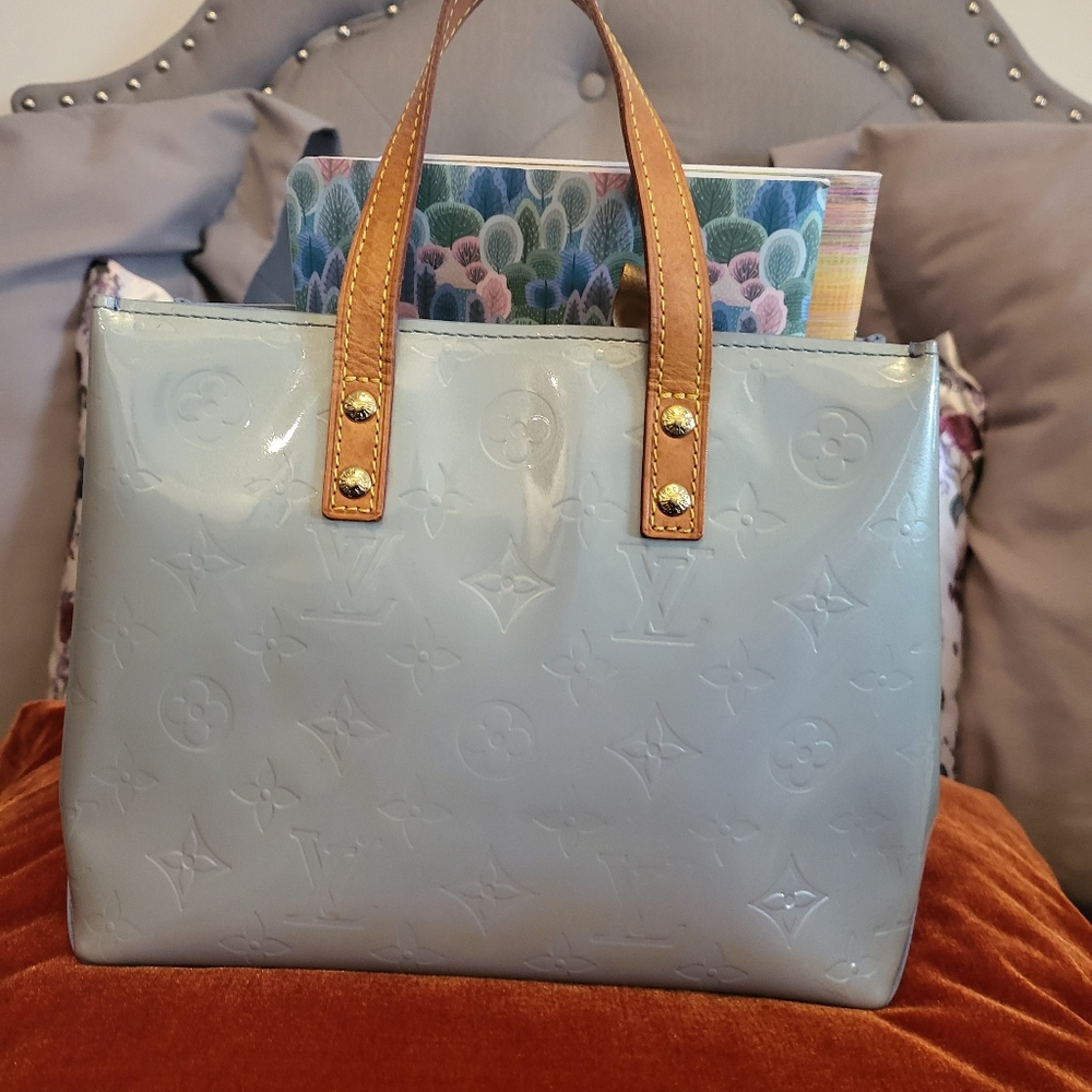 Louis Vuitton Patent Monogram mini Satchel in Periwinkle with Tan Leather Handle